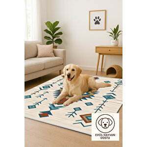 Krem Zeminli Geometrik Etnik Desen Halı 160x230 Yıkanabilir