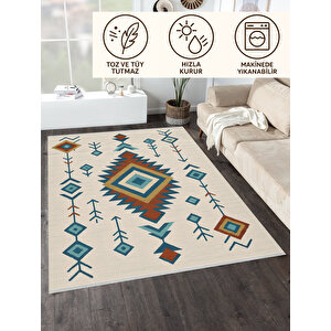Krem Zeminli Geometrik Etnik Desen Halı 160x230 Yıkanabilir