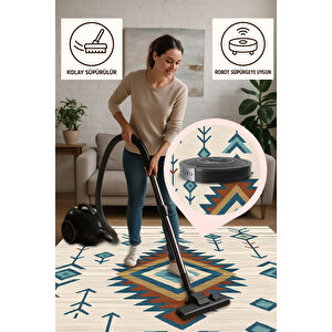 Krem Zeminli Geometrik Etnik Desen Halı 160x230 Yıkanabilir