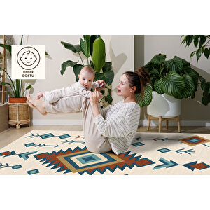 Krem Zeminli Geometrik Etnik Desen Halı 160x230 Yıkanabilir