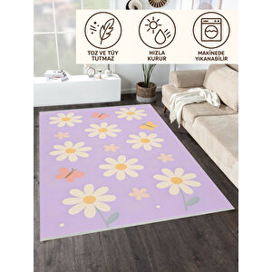 Papatya Desenli Mor Çocuk Odası Halısı Yıkanabilir 120x180 100x250 cm