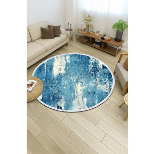 Yuvarlak Halı – Mavi Modern Desenli Pamuk Tabanlı Kaydırmaz Salon Halısı | Oturma Odası & Genç Odası Kilimi 150x150 cm