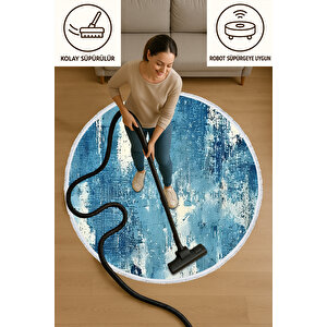 Yuvarlak Halı – Mavi Modern Desenli Pamuk Tabanlı Kaydırmaz Salon Halısı | Oturma Odası & Genç Odası Kilimi 150x150 cm
