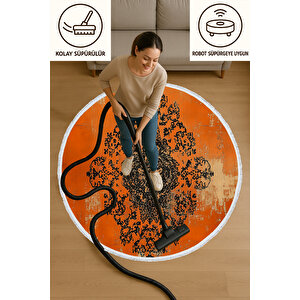 Yuvarlak Halı Turuncu Vintage Desenli Toz Tutmaz Makinede Yıkanabilir Kaymaz Tabanlı 80x80 cm