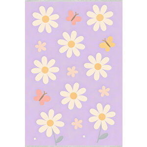 Papatya Desenli Mor Çocuk Odası Halısı Yıkanabilir 120x180 200x350 cm