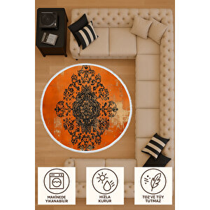 Yuvarlak Halı Turuncu Vintage Desenli Toz Tutmaz Makinede Yıkanabilir Kaymaz Tabanlı