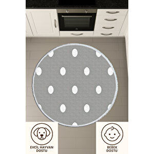 Yuvarlak Halı Gri Puantiyeli Modern Tasarım | Bebek & Evcil Dostu Kaymaz Salon Halısı 150x150 cm