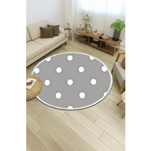 Yuvarlak Halı Gri Puantiyeli Modern Tasarım | Bebek & Evcil Dostu Kaymaz Salon Halısı