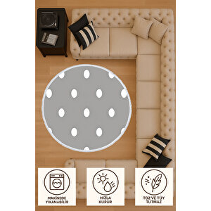 Yuvarlak Halı Gri Puantiyeli Modern Tasarım | Bebek & Evcil Dostu Kaymaz Salon Halısı 80x80 cm