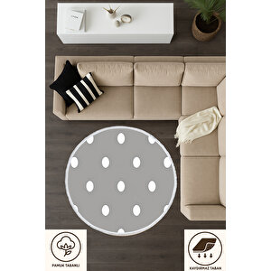Yuvarlak Halı Gri Puantiyeli Modern Tasarım | Bebek & Evcil Dostu Kaymaz Salon Halısı 80x80 cm