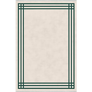 Modern Çizgili Kaymaz Halı Krem Zemin Yeşil Kenar 160x230 80x80 cm
