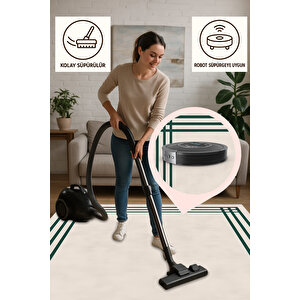 Modern Çizgili Kaymaz Halı Krem Zemin Yeşil Kenar 160x230 80x80 cm