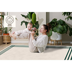 Modern Çizgili Kaymaz Halı Krem Zemin Yeşil Kenar 160x230