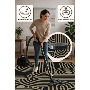 Retro Modern Çizgili Siyah Zemin Halı 160x230 Cm 100x250 cm