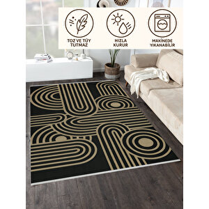 Retro Modern Çizgili Siyah Zemin Halı 160x230 Cm