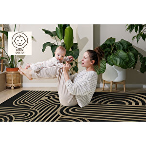 Retro Modern Çizgili Siyah Zemin Halı 160x230 Cm