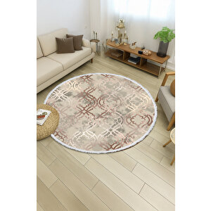 Yuvarlak Halı – Bej Tonlarda Geometrik Desen | Kaymaz Tabanlı Pamuk Dokulu Halı 100x100 cm