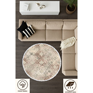 Yuvarlak Halı – Bej Tonlarda Geometrik Desen | Kaymaz Tabanlı Pamuk Dokulu Halı