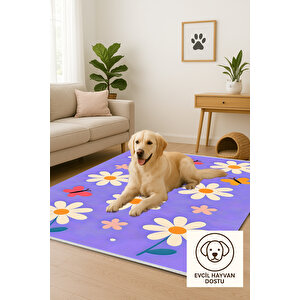 Mor Papatya Desenli Yıkanabilir Çocuk Halısı 120x180 Cm 120x180 cm