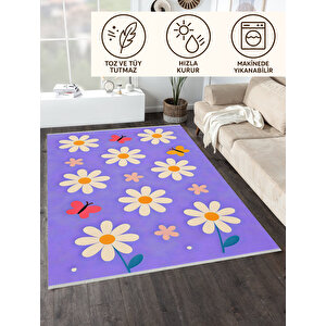 Mor Papatya Desenli Yıkanabilir Çocuk Halısı 120x180 Cm 120x180 cm