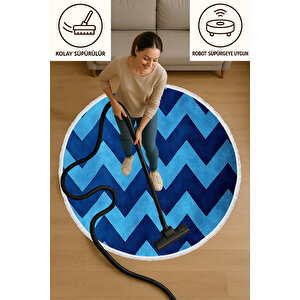 Yuvarlak Halı Mavi Zigzag Desenli Bebek Ve Evcil Hayvan Dostu Modern Halı 150x150 Cm