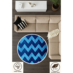 Yuvarlak Halı Mavi Zigzag Desenli Bebek Ve Evcil Hayvan Dostu Modern Halı 150x150 Cm