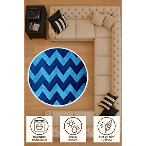 Yuvarlak Halı Mavi Zigzag Desenli Bebek Ve Evcil Hayvan Dostu Modern Halı 150x150 Cm
