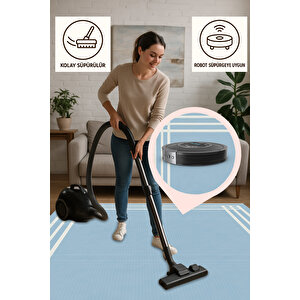 Açık Mavi Beyaz Kenarlı Modern Halı Yıkanabilir 160x230 160x350 cm