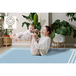 Açık Mavi Beyaz Kenarlı Modern Halı Yıkanabilir 160x230