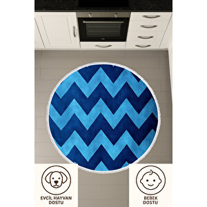 Yuvarlak Halı Mavi Zigzag Desenli Bebek Ve Evcil Hayvan Dostu Modern Halı 150x150 Cm 60x60 cm