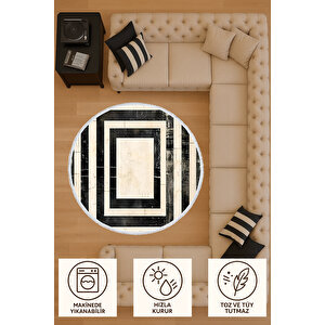 Yuvarlak Halı Modern Siyah Beyaz Desenli Bebek Ve Evcil Dostu Salon Halısı | 6 Beden Seçeneği