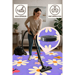 Mor Papatya Desenli Yıkanabilir Çocuk Halısı 120x180 Cm