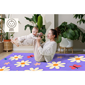 Mor Papatya Desenli Yıkanabilir Çocuk Halısı 120x180 Cm