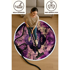 Yuvarlak Halı Mor Vintage Desenli Pamuk Tabanlı Kaymaz Zeminli Salon Halısı 6 Ölçü Seçeneği 150x150 cm