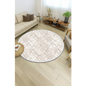 Yuvarlak Halı – Modern Krem Çizgili Desen | Pamuk Tabanlı Kaymaz Salon Halısı 150x150 cm