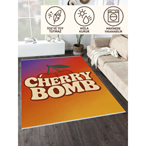 Retro Cherry Bomb Yazılı Renkli Halı 120x180 Yıkanabilir 160x180 cm