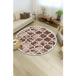 Yuvarlak Halı – Geometrik Desenli Kahverengi | Pamuklu Ve Kaymaz Tabanlı Modern Halı 80x80 cm