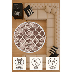 Yuvarlak Halı – Geometrik Desenli Kahverengi | Pamuklu Ve Kaymaz Tabanlı Modern Halı