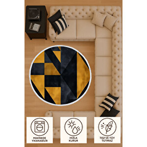 Yuvarlak Halı Geometrik Desen Sarı Siyah Modern Bebek Ve Evcil Dostu Halı 120x120 Cm