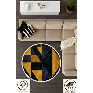 Yuvarlak Halı Geometrik Desen Sarı Siyah Modern Bebek Ve Evcil Dostu Halı 120x120 Cm