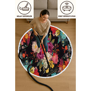 Yuvarlak Halı Renkli Çiçek Desenli Pamuk Kaymaz Tabanlı Şık Dekoratif Halı 150x150 120x120 cm