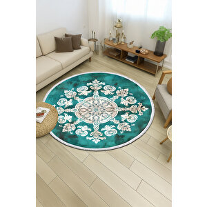 Yuvarlak Halı – Turkuaz Zemin Beyaz Mandala Desenli | Pamuk Kaymaz Taban | Modern Stil 150x150 cm