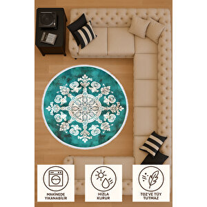 Yuvarlak Halı – Turkuaz Zemin Beyaz Mandala Desenli | Pamuk Kaymaz Taban | Modern Stil