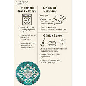 Yuvarlak Halı – Turkuaz Zemin Beyaz Mandala Desenli | Pamuk Kaymaz Taban | Modern Stil