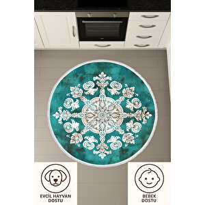 Yuvarlak Halı – Turkuaz Zemin Beyaz Mandala Desenli | Pamuk Kaymaz Taban | Modern Stil