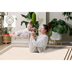 Krem Zemin Kahve Çizgili Modern Halı Yıkanabilir 160x230