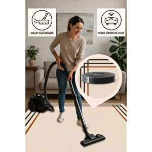 Çift Çizgili Krem Kahve Yıkanabilir Modern Halı 160x230 Cm 100x180 cm