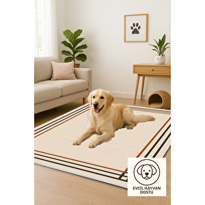 Çift Çizgili Krem Kahve Yıkanabilir Modern Halı 160x230 Cm