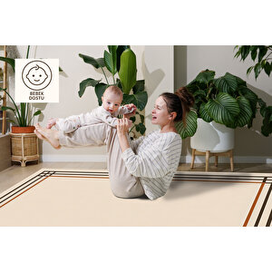 Çift Çizgili Krem Kahve Yıkanabilir Modern Halı 160x230 Cm