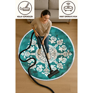 Yuvarlak Halı – Turkuaz Zemin Beyaz Mandala Desenli | Pamuk Kaymaz Taban | Modern Stil 120x120 cm